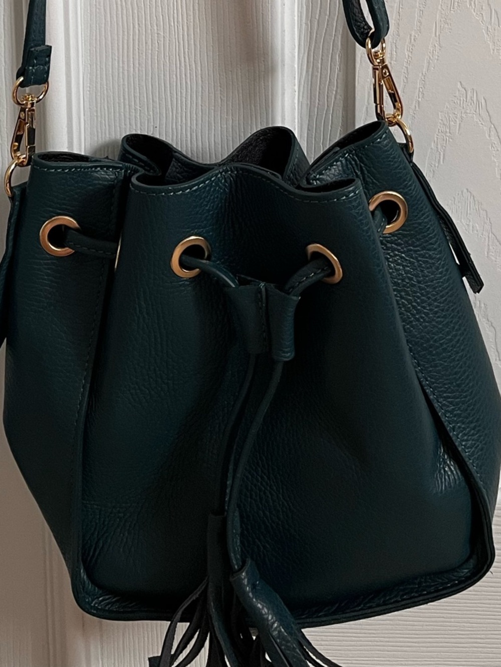 Deep Teal Pebbled Drawstring Bucket Bag with Gold Hardware